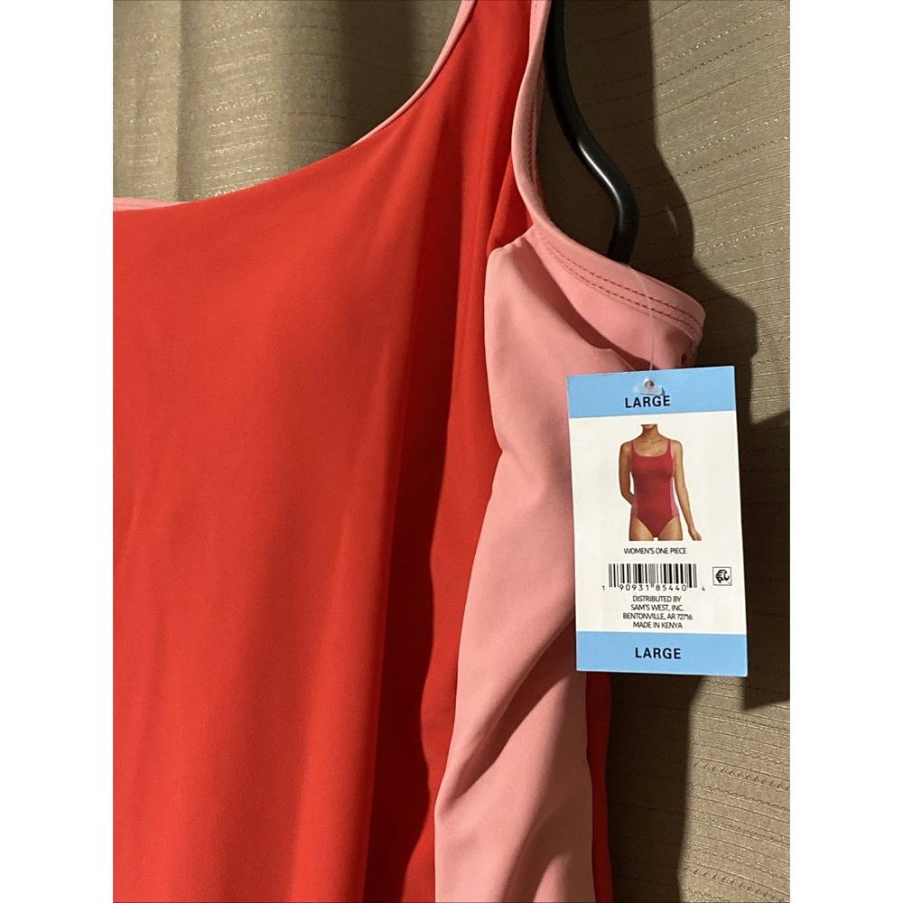 Lands'‎ End Womens Red Pink Colorblock One Piece Swimsuit Scoop Neck Large 14-16